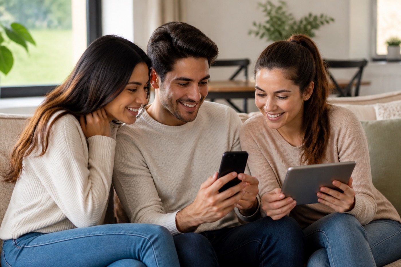 Friends sitting together and chatting on their phones